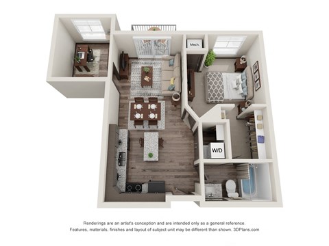 Floor plan for 1 bed, 1 bath, 906 sqft